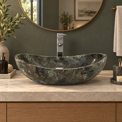 Spirit Celestia Blue Quartzite Vessel Sink — low frontal bathroom lifestyle