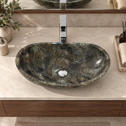Spirit Celestia Blue Quartzite Vessel Sink — overhead bathroom lifestyle
