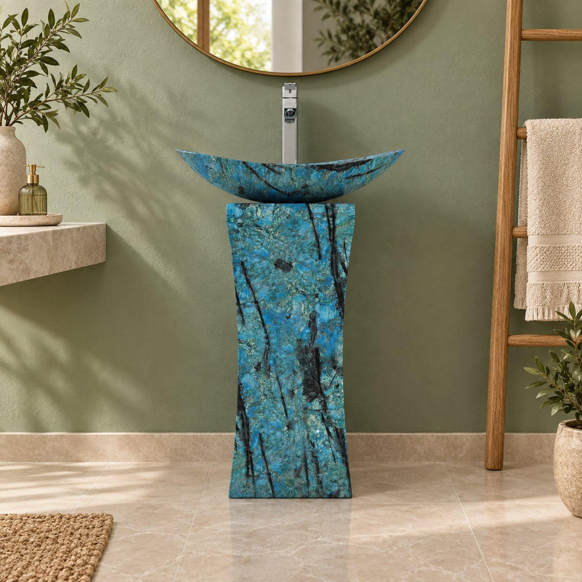 Payal Danube Blue Quartzite Pedestal Sink — frontal full pedestal bathroom lifestyle