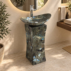 Payal Celestia Blue Quartzite Pedestal Sink — three-quarter full pedestal bathroom lifestyle