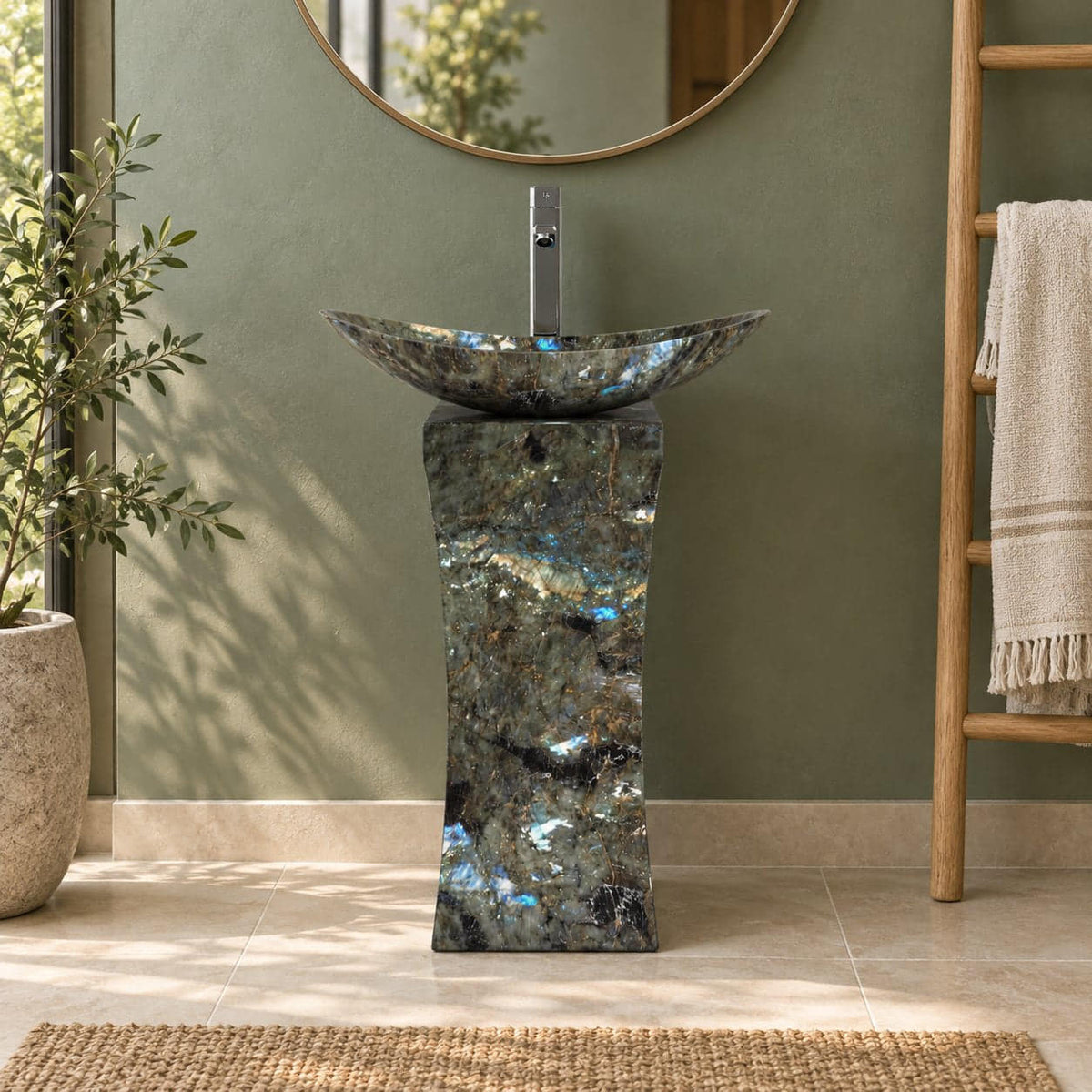 Payal Celestia Blue Quartzite Pedestal Sink — frontal full pedestal bathroom lifestyle