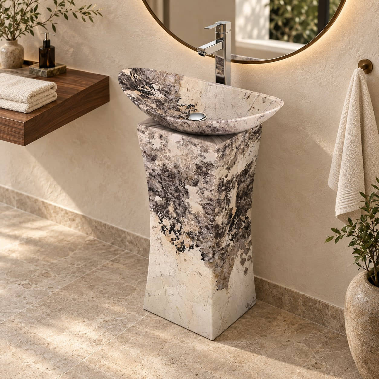 Payal Pandora Blanc Quartzite Pedestal Sink — elevated three-quarter full pedestal bathroom lifestyle