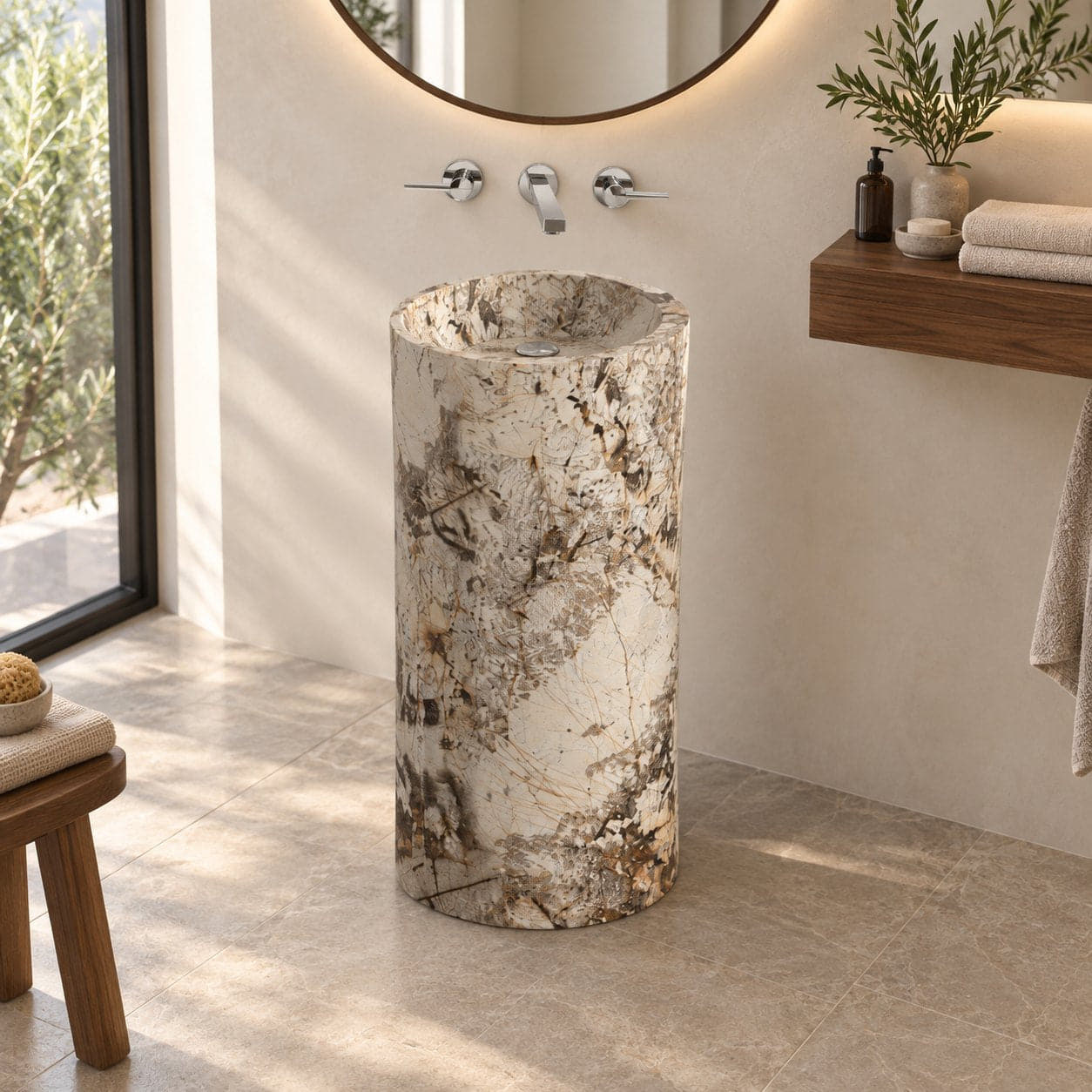 Pazia Pandora Blanc Quartzite Pedestal Sink — three-quarter full pedestal bathroom lifestyle