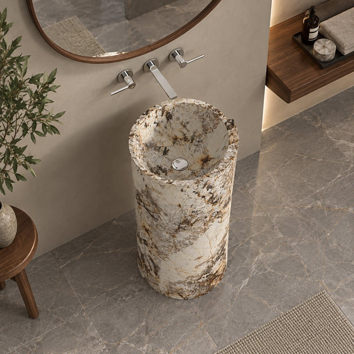 Pazia Pandora Blanc Quartzite Pedestal Sink — elevated full pedestal bathroom lifestyle