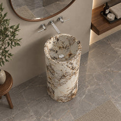 Pazia Pandora Blanc Quartzite Pedestal Sink — elevated full pedestal bathroom lifestyle
