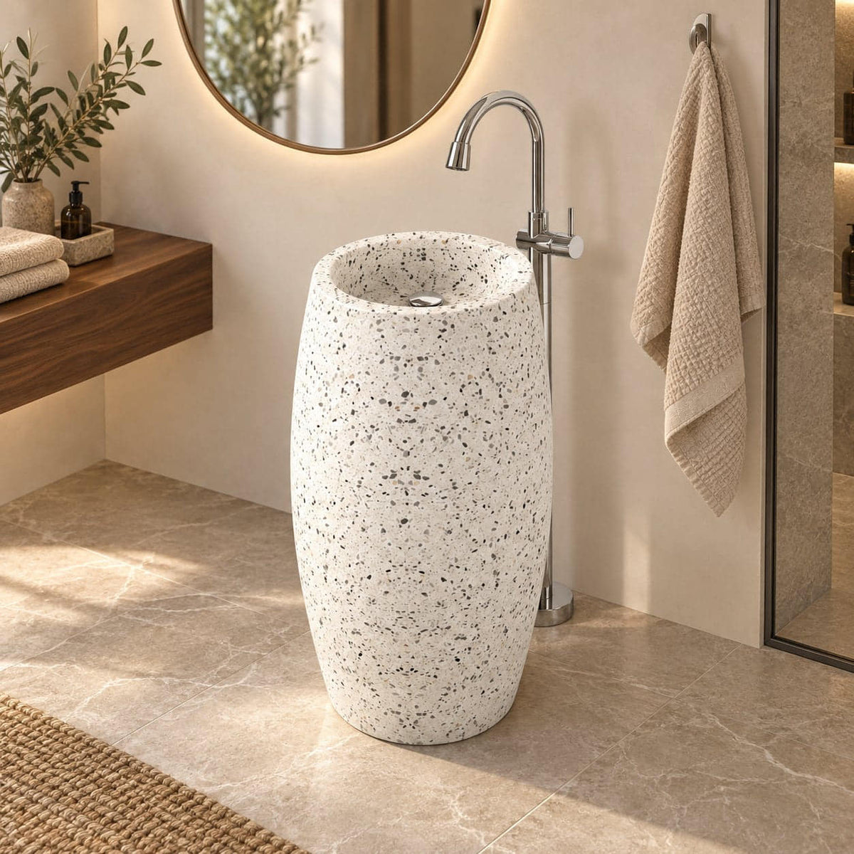 Patra Alba White Terrazzo Pedestal Sink — three-quarter full pedestal bathroom lifestyle