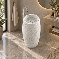 Patra Alba White Terrazzo Pedestal Sink — elevated opposite-side full pedestal bathroom lifestyle