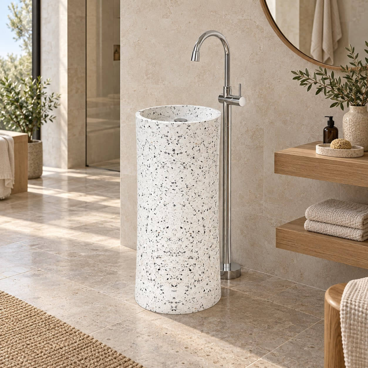 Pazia Alba White Terrazzo Pedestal Sink — three-quarter full pedestal bathroom lifestyle