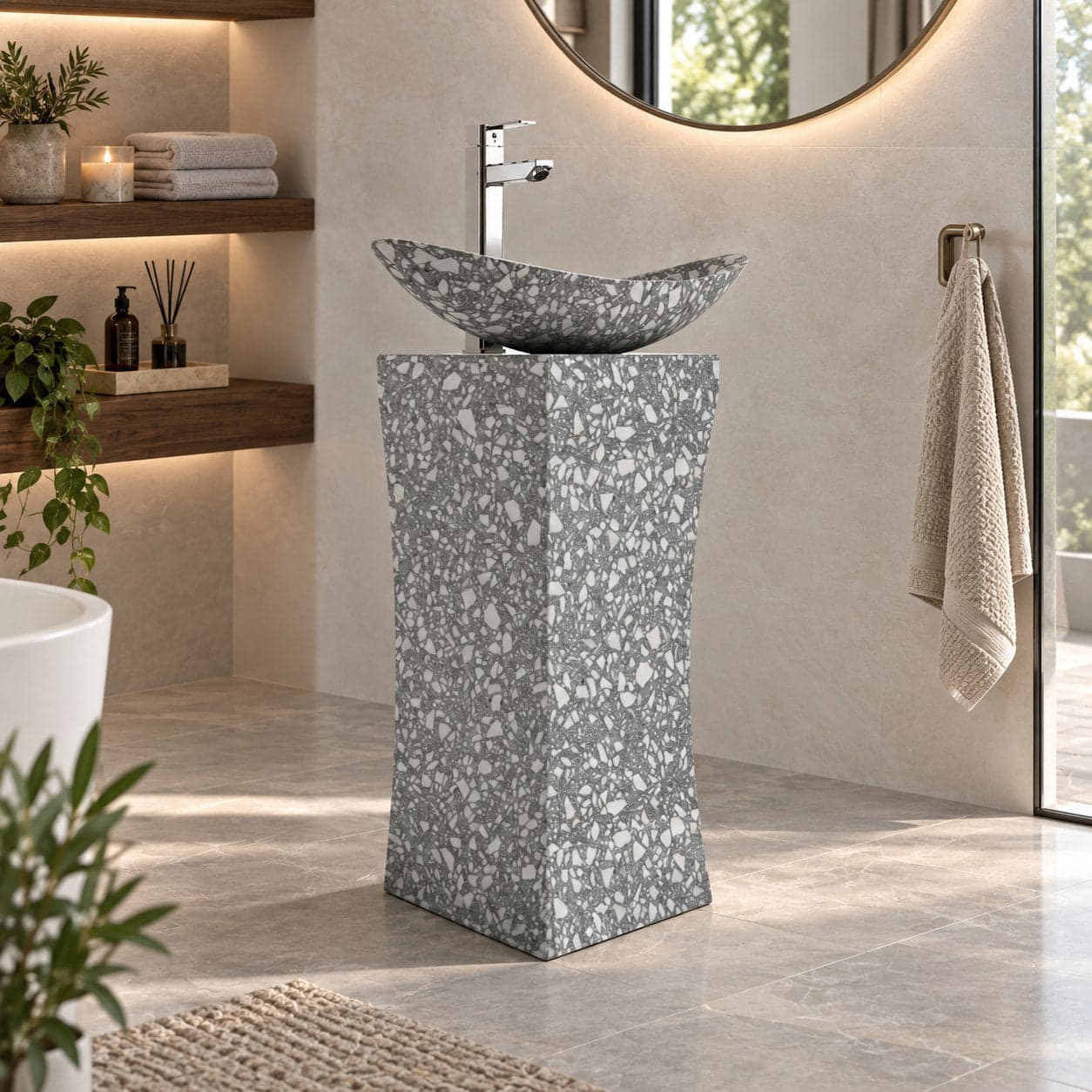 Payal Silver Grey Terrazzo Pedestal Sink — three-quarter full pedestal bathroom lifestyle