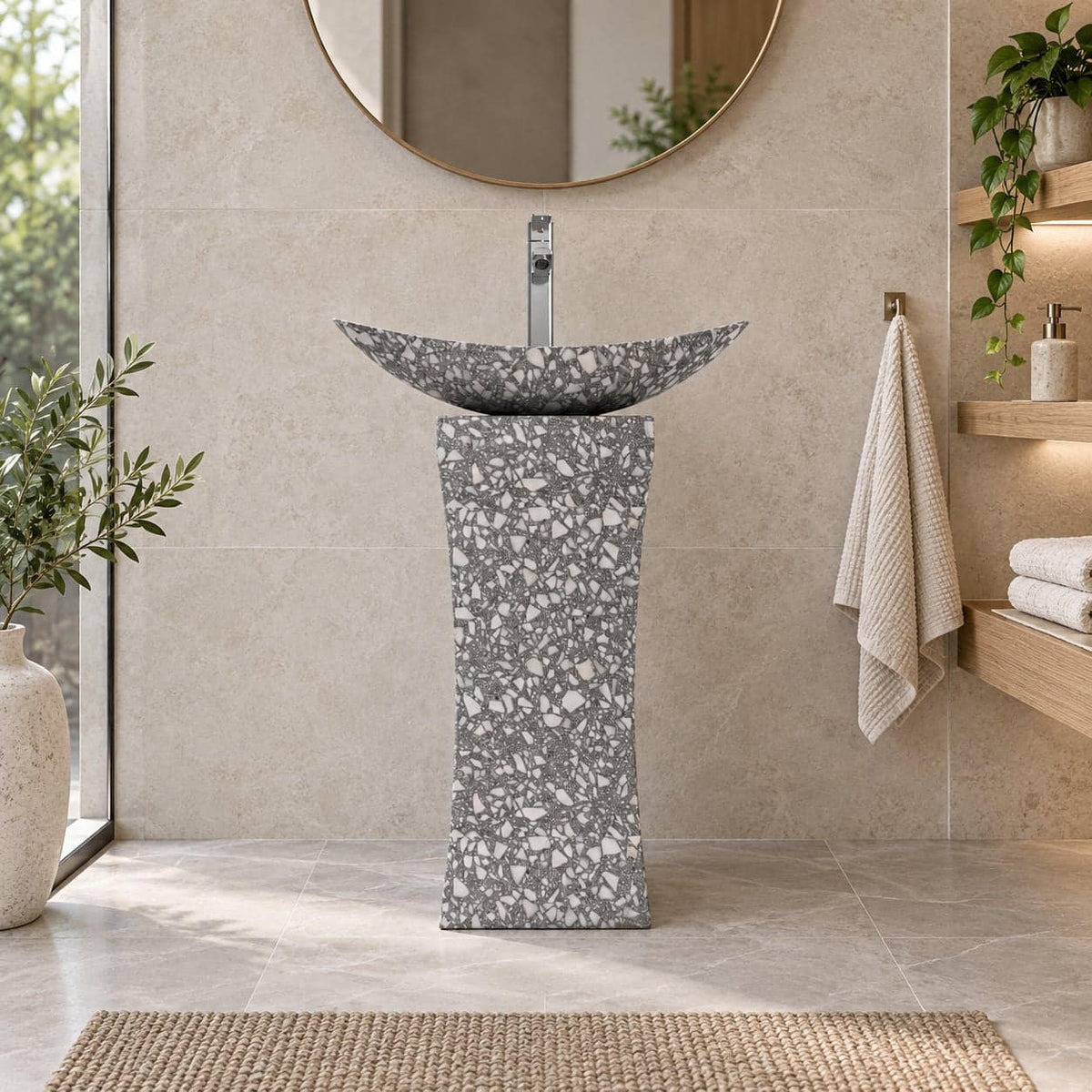 Payal Silver Grey Terrazzo Pedestal Sink — low frontal full pedestal bathroom lifestyle