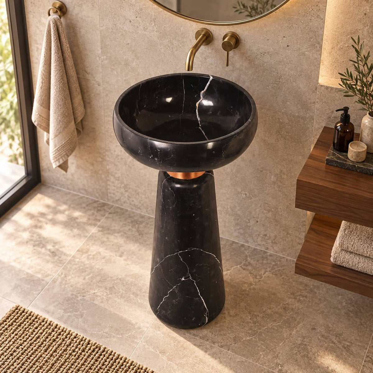 Polika Portoro Black Marble Pedestal Sink — elevated full pedestal bathroom lifestyle
