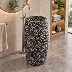 Patra Coffee Terrazzo Pedestal Sink — three-quarter full pedestal bathroom lifestyle