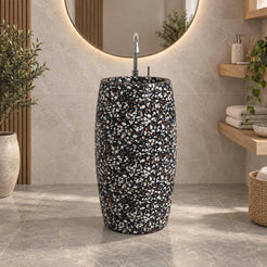 Patra Coffee Terrazzo Pedestal Sink — low frontal full pedestal bathroom lifestyle