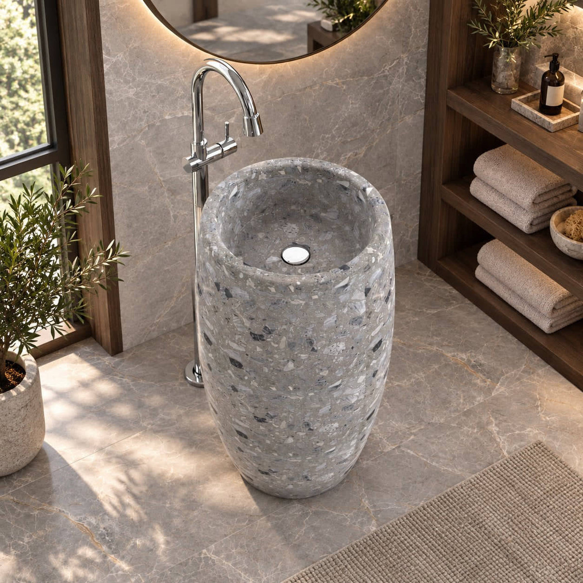 Patra Grey Terrazzo Pedestal Sink — elevated full pedestal bathroom lifestyle