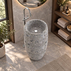 Patra Grey Terrazzo Pedestal Sink — elevated full pedestal bathroom lifestyle