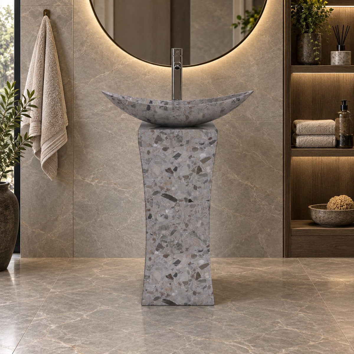 Payal Dark Terrazzo Pedestal Sink — low frontal full pedestal bathroom lifestyle