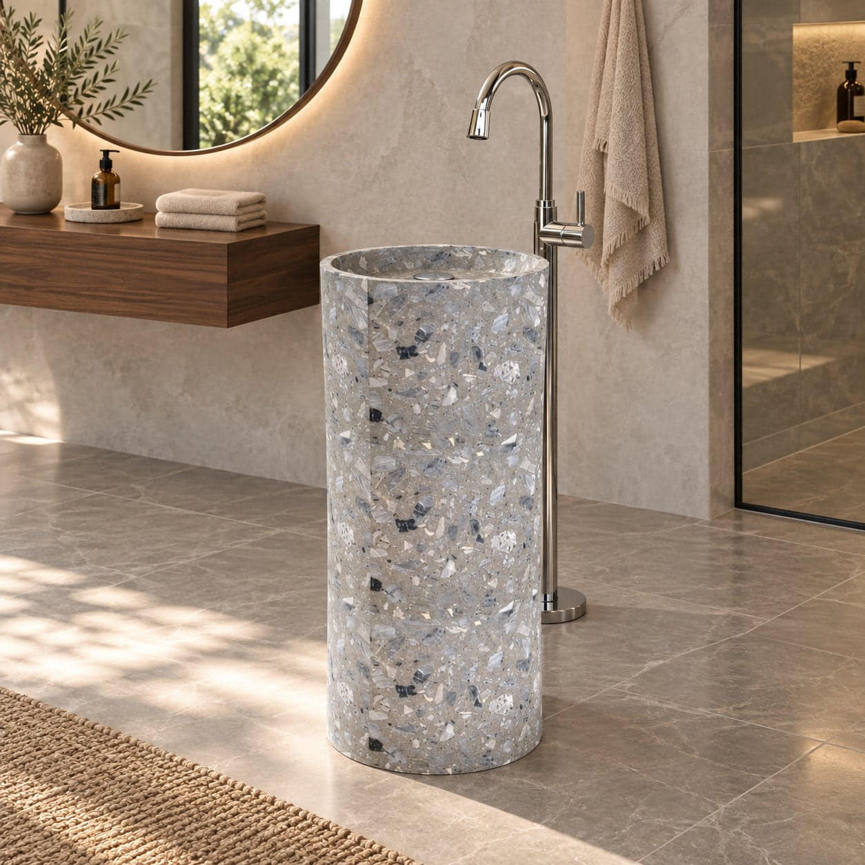 Pazia Grey Terrazzo Pedestal Sink — three-quarter full pedestal bathroom lifestyle
