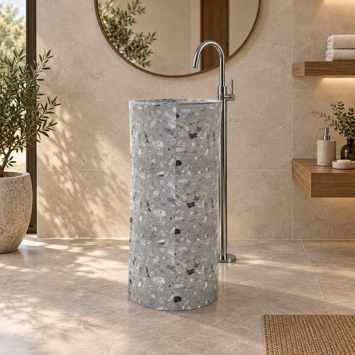 Pazia Grey Terrazzo Pedestal Sink — low frontal full pedestal bathroom lifestyle