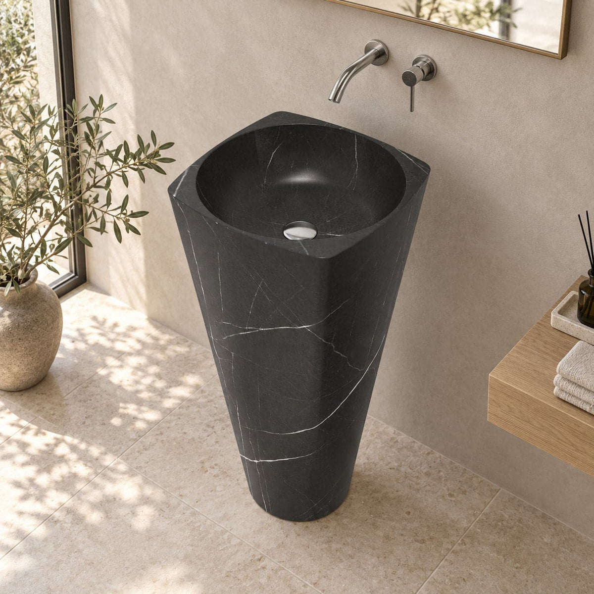 Pamina Portoro Black Marble Pedestal Sink — elevated oblique full pedestal lifestyle with basin interior