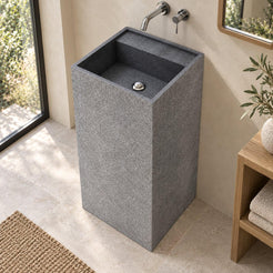 Patala Neroco Granite Pedestal Sink — elevated oblique full pedestal lifestyle