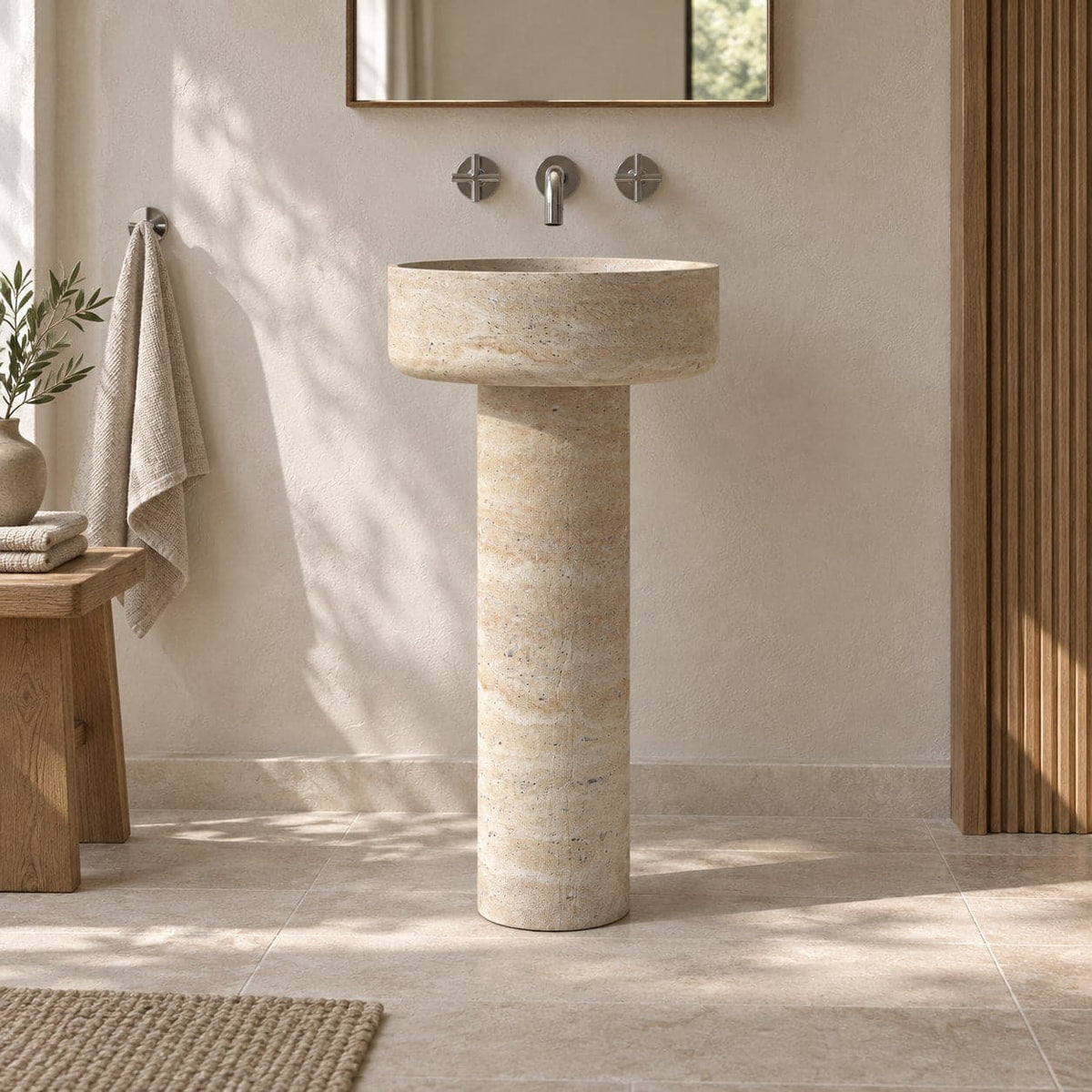 Pata Roman Travertine Pedestal Sink — low frontal full pedestal lifestyle