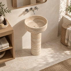 Pata Roman Travertine Pedestal Sink — elevated opposite oblique full pedestal lifestyle