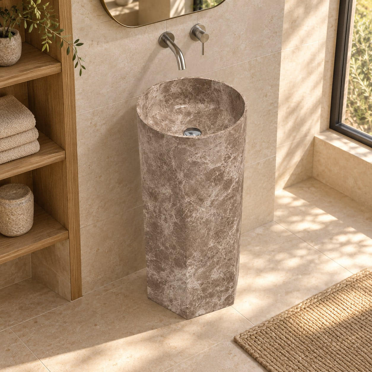 Patali Dorata Marble Pedestal Sink — high oblique full pedestal lifestyle