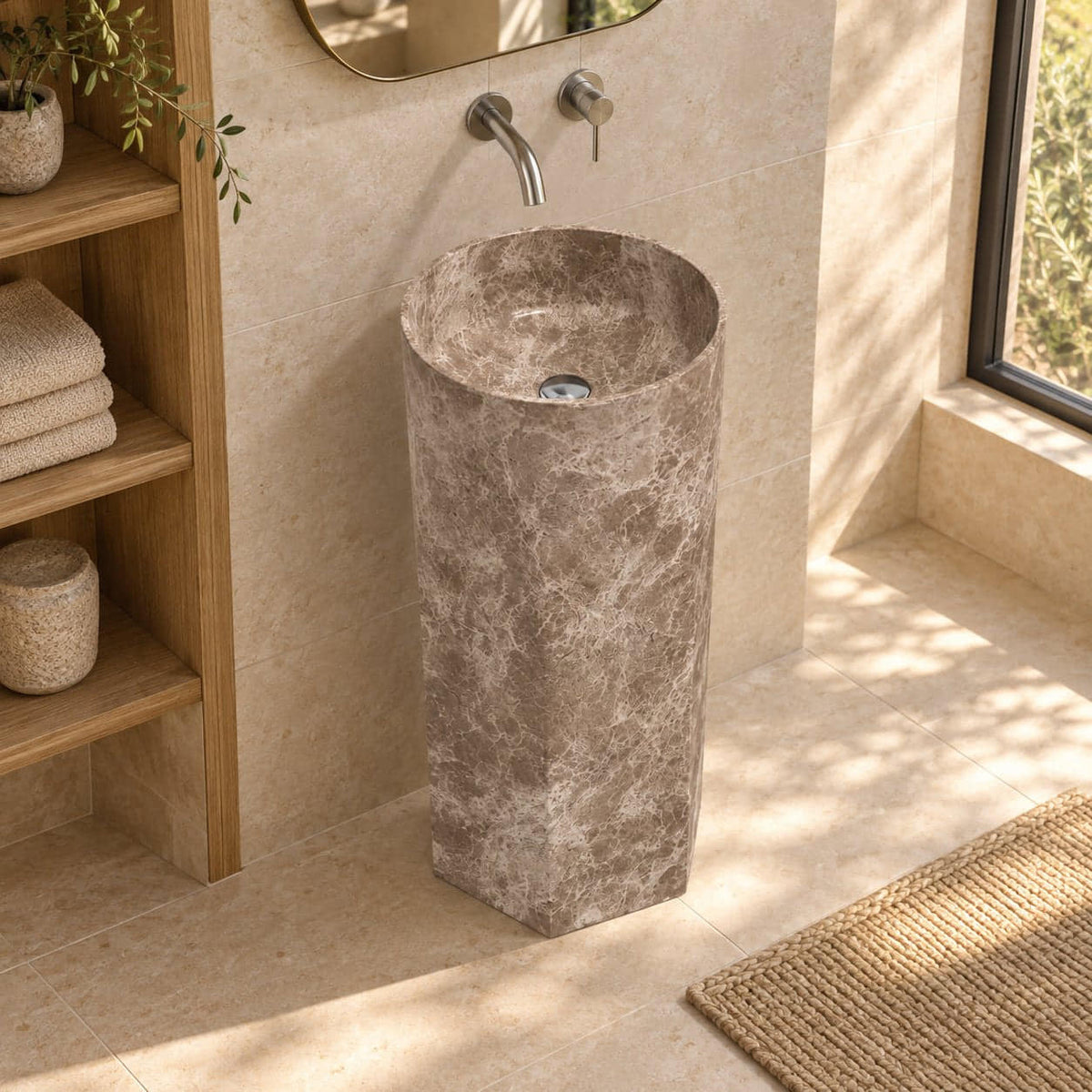Patali Dorata Marble Pedestal Sink — high oblique full pedestal lifestyle