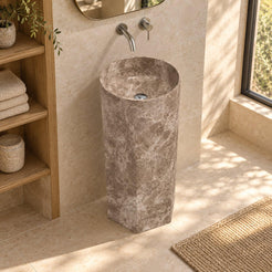 Patali Dorata Marble Pedestal Sink — high oblique full pedestal lifestyle