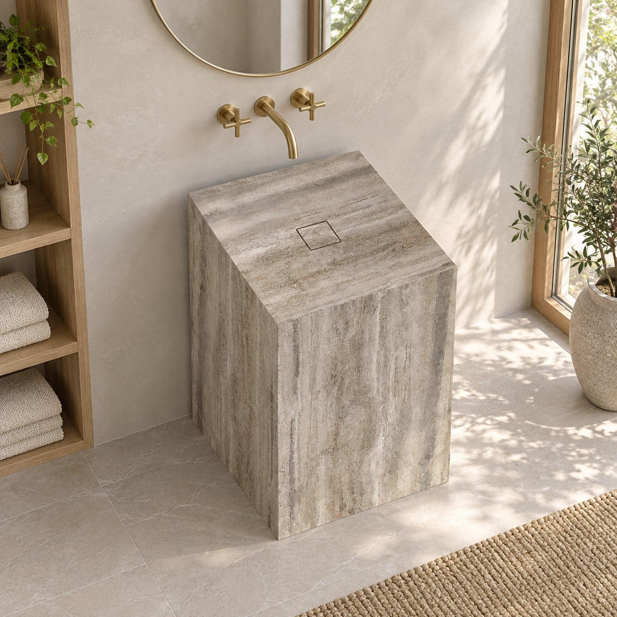 Patava Roman Silver Travertine Pedestal Sink — high oblique full pedestal lifestyle with shallow square basin