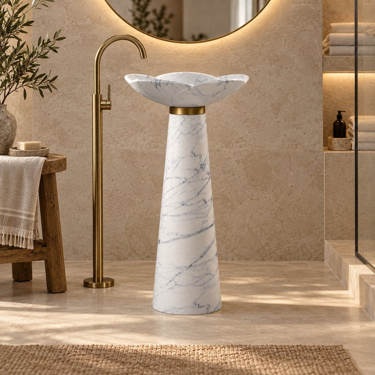 Pania Carrara White Marble Pedestal Sink — low frontal bathroom lifestyle
