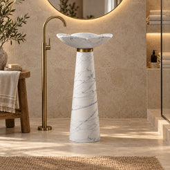 Pania Carrara White Marble Pedestal Sink — low frontal bathroom lifestyle