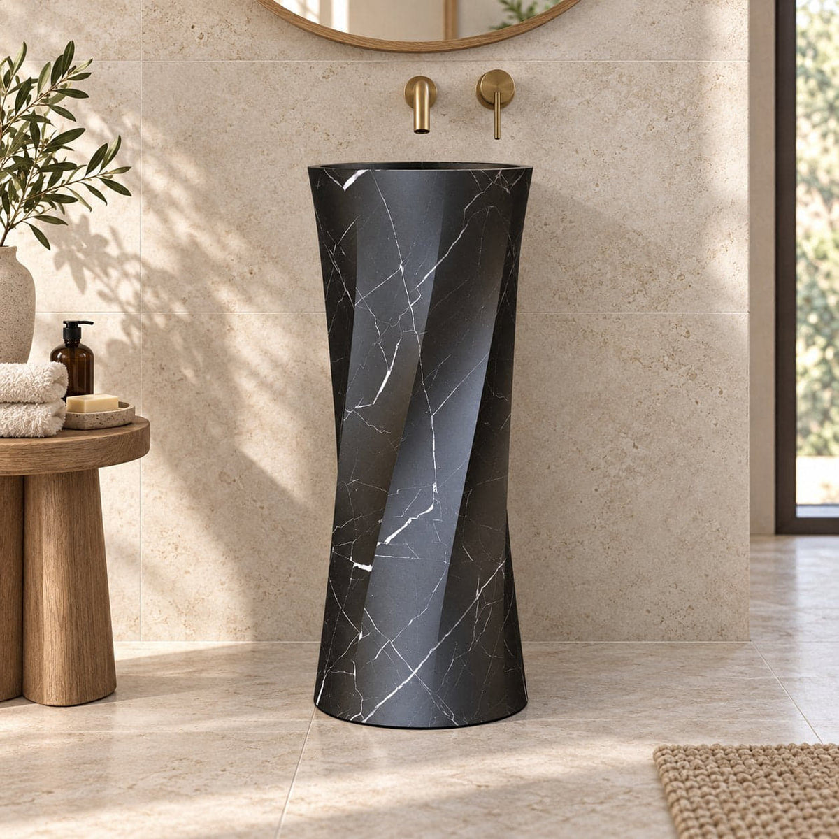 Polita Portoro Black Marble Pedestal Sink — low frontal bathroom lifestyle
