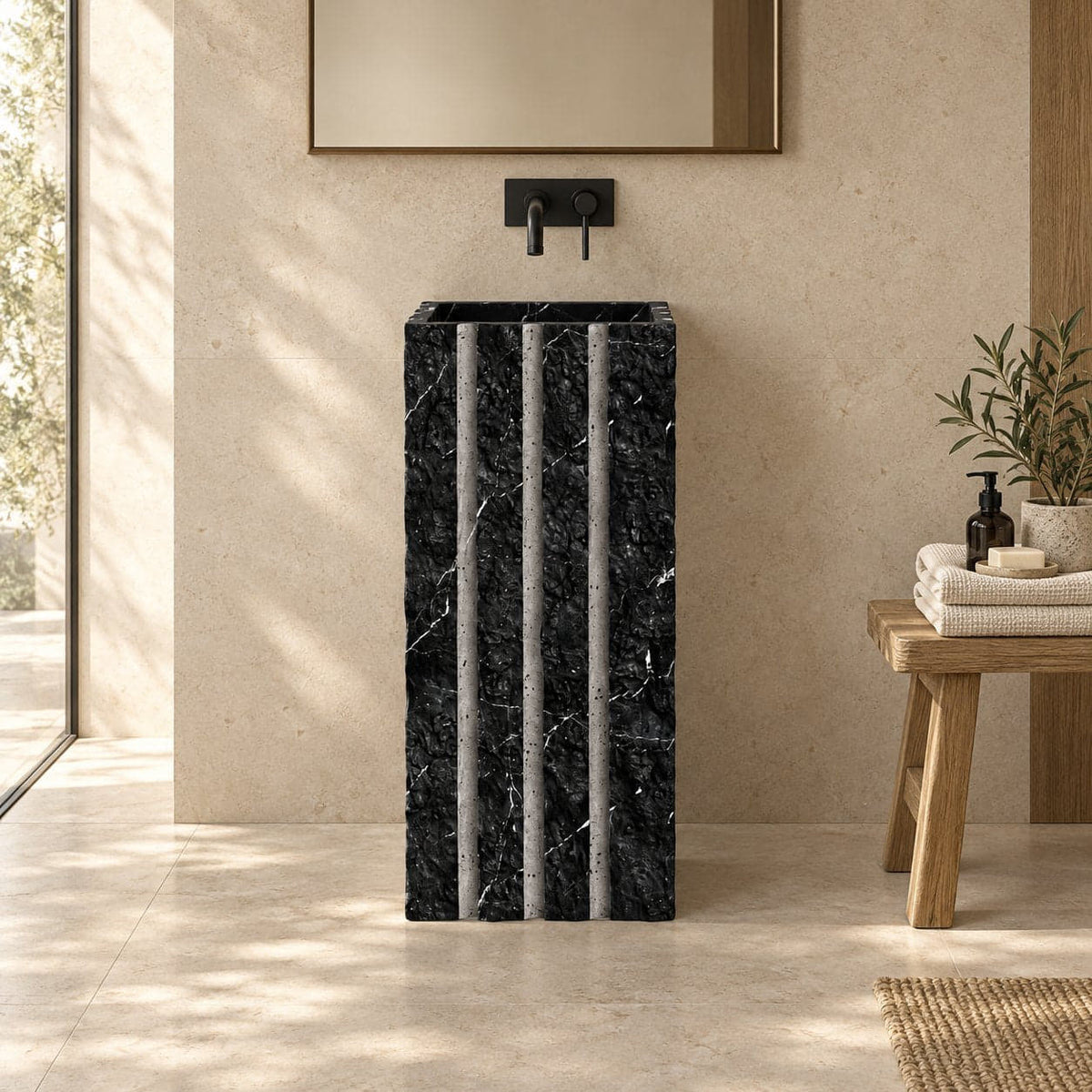 Pablo Portoro Black Marble Pedestal Sink — low frontal bathroom lifestyle