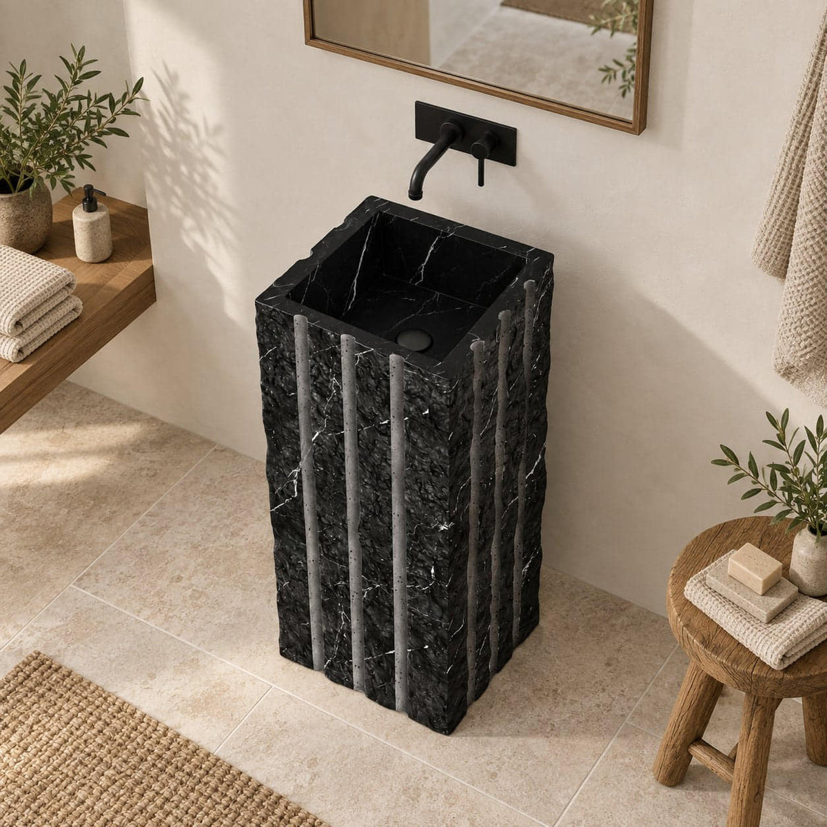 Pablo Portoro Black Marble Pedestal Sink — high three-quarter bathroom lifestyle