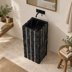 Pablo Portoro Black Marble Pedestal Sink — high three-quarter bathroom lifestyle