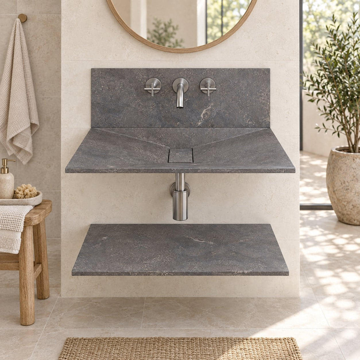 Tabana Bluestone Wall-Mounted Sink — frontal bathroom lifestyle