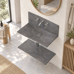 Tabana Bluestone Wall-Mounted Sink — high opposite three-quarter bathroom lifestyle
