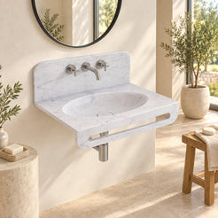 Talika Carrara White Marble Wall-Mounted Sink — three-quarter bathroom lifestyle hero