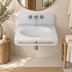 Talika Carrara White Marble Wall-Mounted Sink — frontal bathroom lifestyle