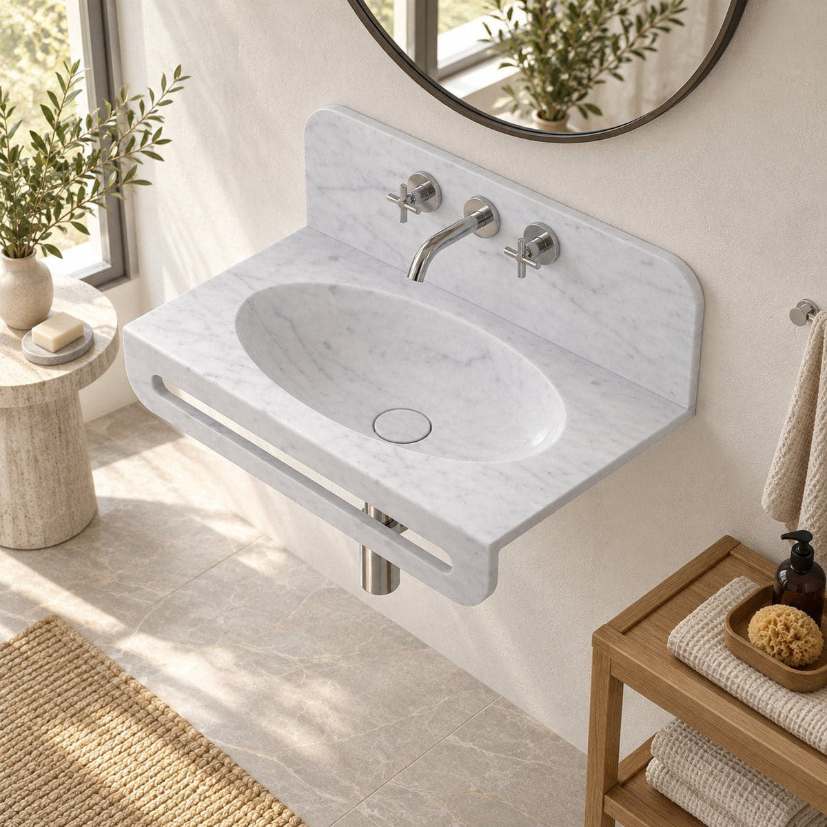 Talika Carrara White Marble Wall-Mounted Sink — high opposite three-quarter bathroom lifestyle