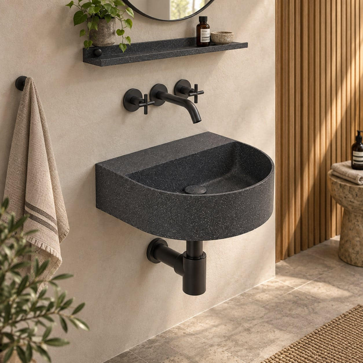 Tibota Neroco Granite Wall-Mounted Sink — three-quarter furnished bathroom