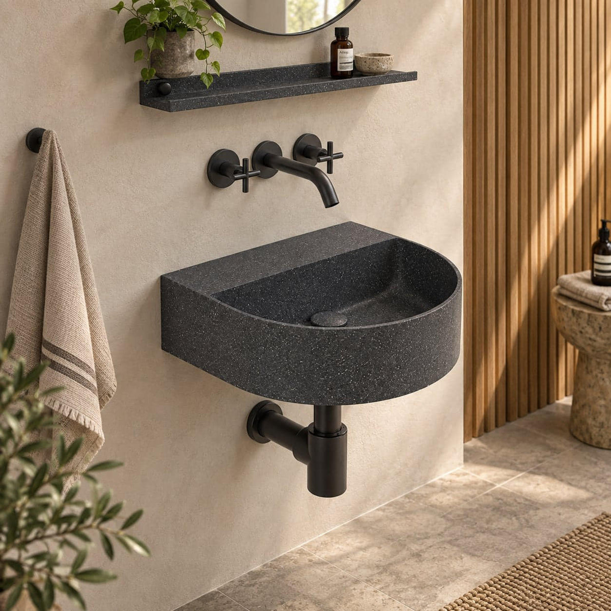Tibota Neroco Granite Wall-Mounted Sink — three-quarter furnished bathroom