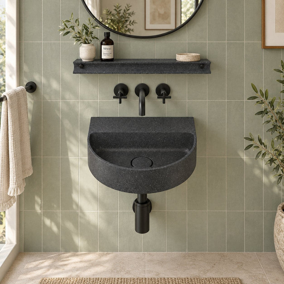 Tibota Neroco Granite Wall-Mounted Sink — frontal furnished bathroom
