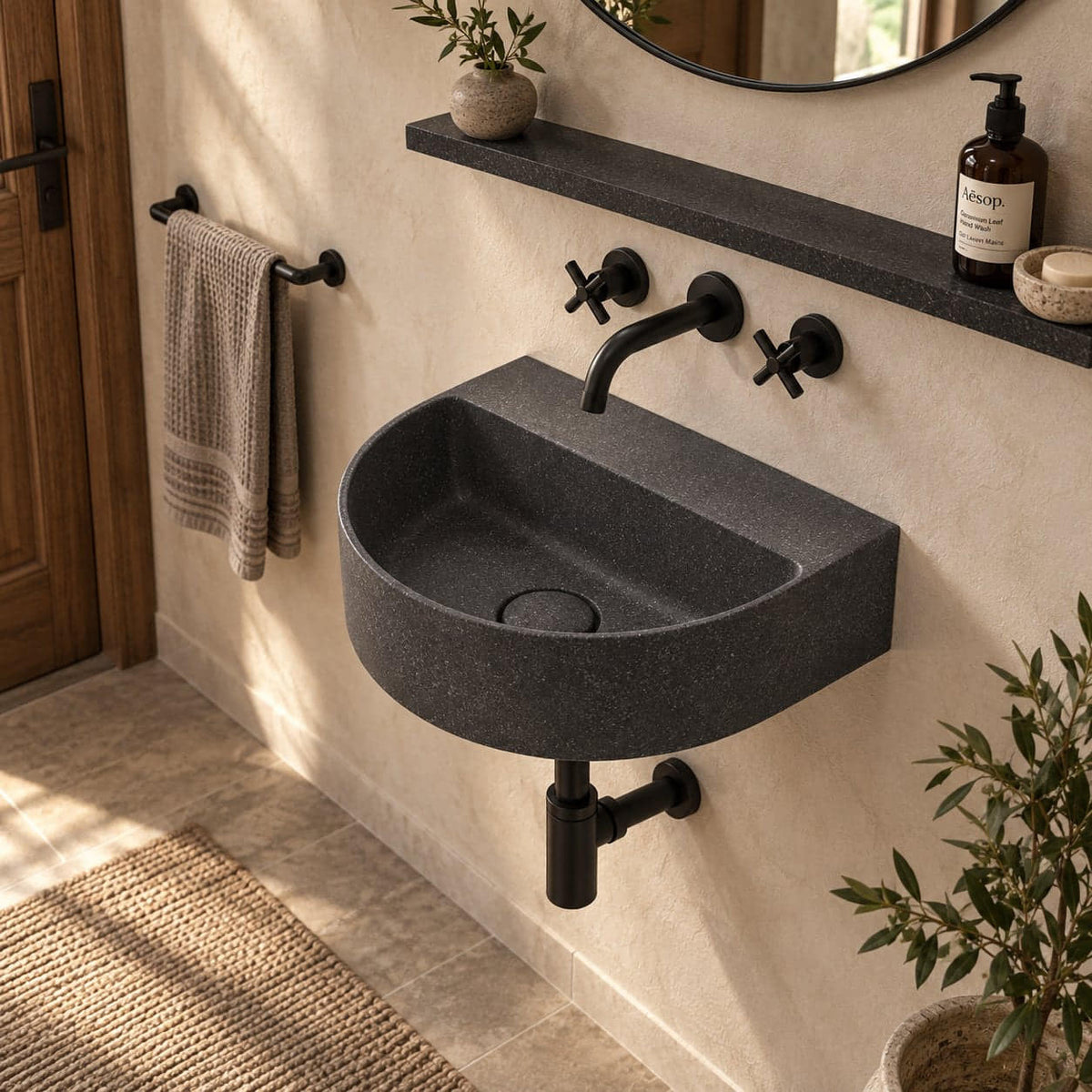 Tibota Neroco Granite Wall-Mounted Sink — high opposite-side furnished bathroom