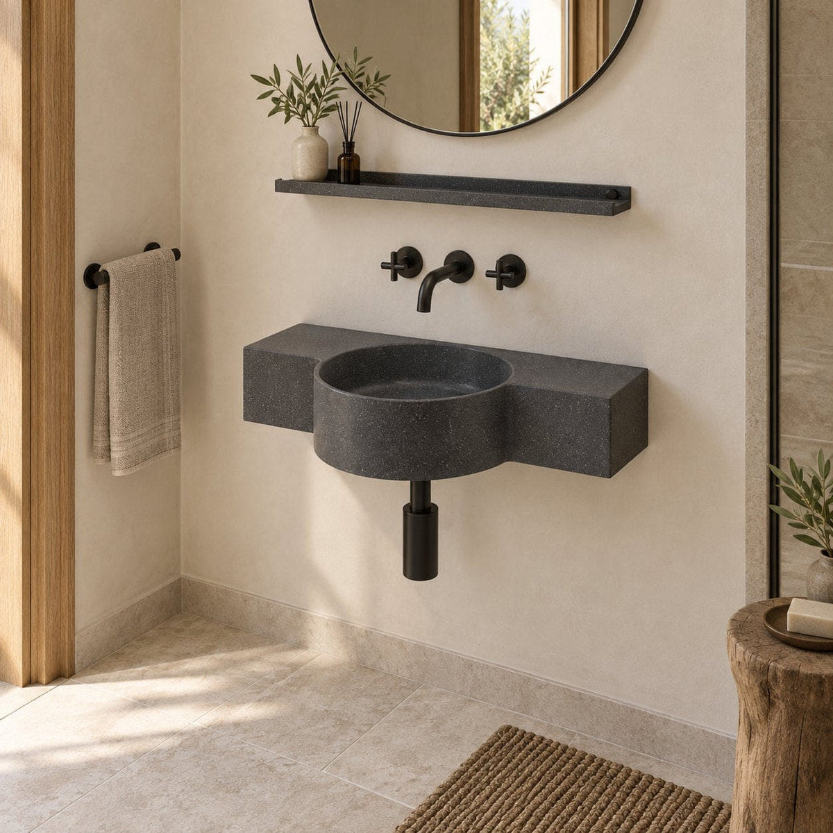Tilda Neroco Granite Wall-Mounted Sink — three-quarter furnished bathroom