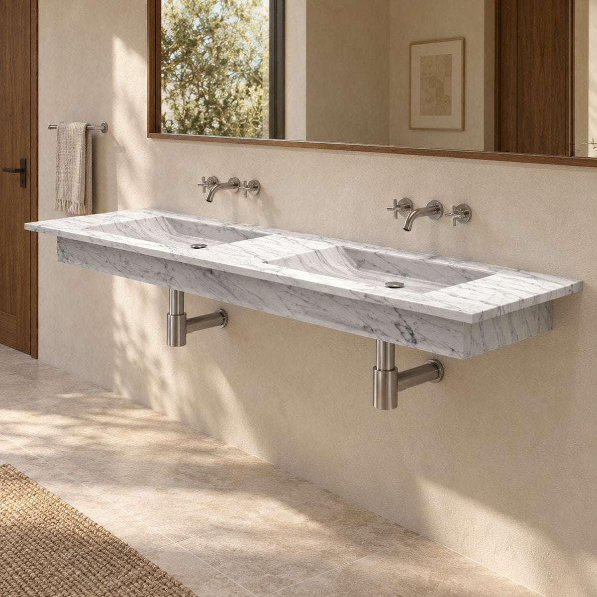 Taiya Carrara White Marble Wall-Mounted Sink — low opposite-side furnished bathroom