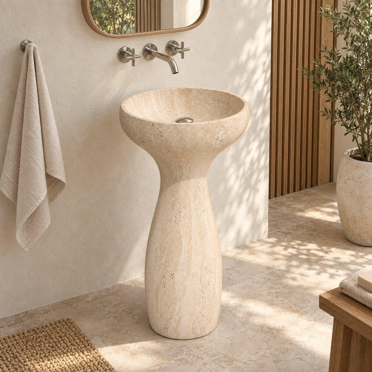 Pava Travertino Romano Pedestal Sink — three-quarter complete pedestal bathroom