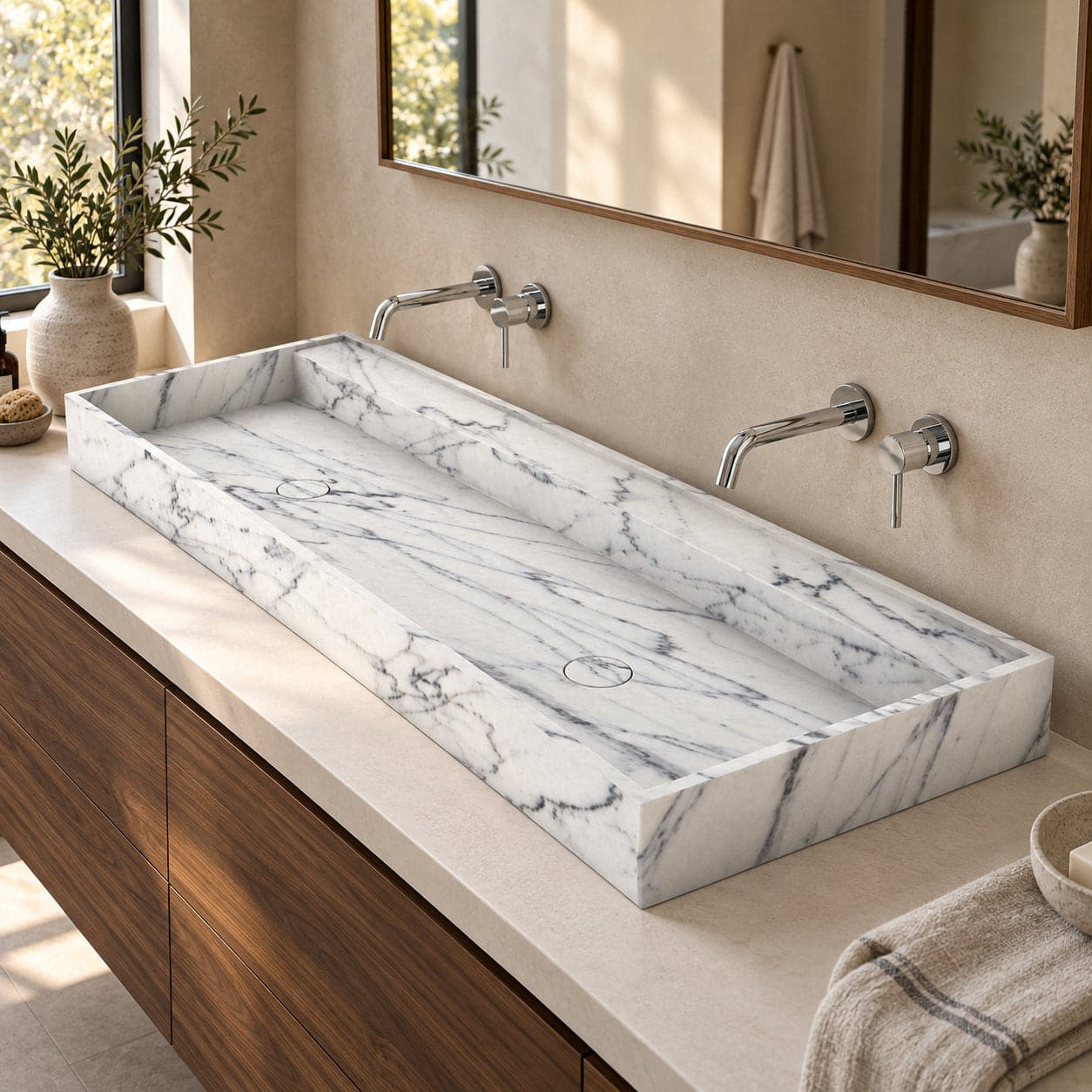 Tahira Integrated Carrara Marble Trough Sink — complete right oblique bathroom lifestyle