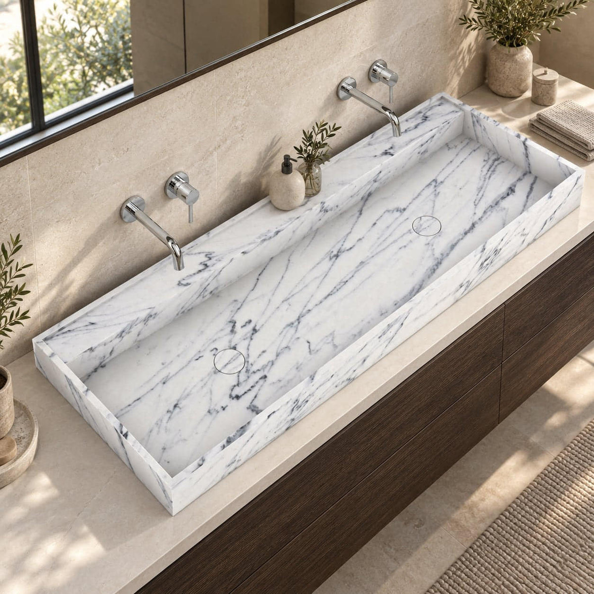 Tahira Integrated Carrara Marble Trough Sink — complete opposite high-angle bathroom lifestyle